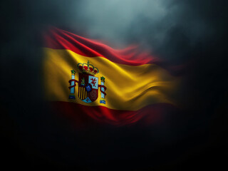 Spanish flag waving in dark background with coat of arms.