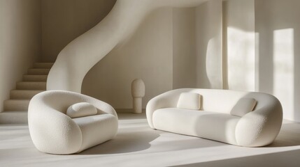 White upholstered modern sofa and armchair with sweeping curved lines in a bright and airy room with minimalist decor