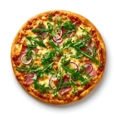 A delicious pizza topped with ham, red onions, and fresh arugula, isolated on a clean white background