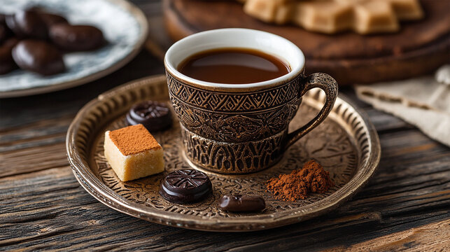 A steaming cup of coffee sits on a rustic table, surrounded by scattered coffee beans. The rich aroma fills the air, inviting a moment of warmth and comfort with each sip.

