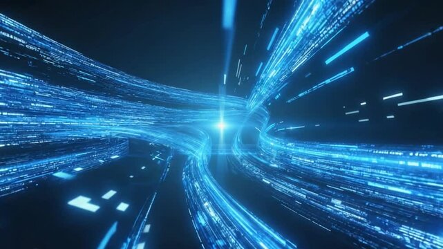 Digital data streams swirling in a tunnel.