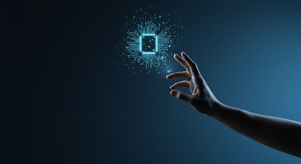 Human interaction with artificial intelligence chip interface on blue background