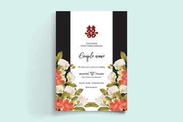 Obraz premium WEDDING INVITATION FRAME WITH FLOWER DECORATIONS AND FRESH LEAVES