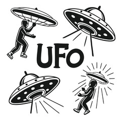 Retro UFO Abduction Illustrations Black and White