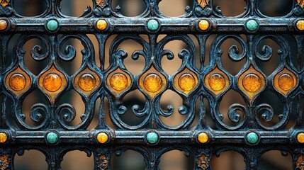 Ornate Wrought Iron Fence with Amber and Turquoise Gems