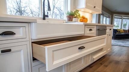 Modern white cabinets with pull-out shelf under sink for extra space