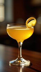 Elegant yellow cocktail with lemon garnish in a stylish glass on a bar counter. Perfect for bar and restaurant menu designs.