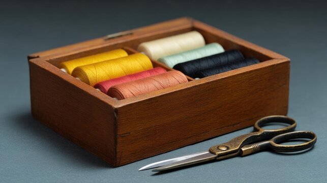 Wooden box with six spools of thread in different colors. the box is rectangular in shape and has a lid on top.
