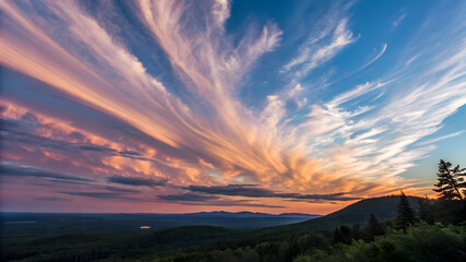 A breathtaking natural landscape featuring a wide, colorful sky during sunset.