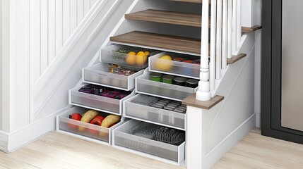 Pantry conversion under stairs with labeled containers and drawers