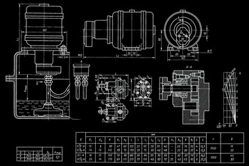 Equipped gear pump with electric motor, 
dehumidifier. Engineering mechanical drawing of 
filter with dimension lines, cross section. 
Machine building industry cad scheme on paper sheet.