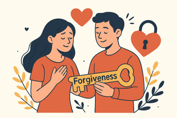 Forgiveness: Key to Healing Relationships - Couple Embracing Reconciliation with Symbolic Golden Key, Hearts, and Floral Elements - Vector Illustration for Counseling and Self-Help
