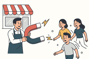 Customer Attraction Marketing Concept Vector Illustration with Shop Owner Using Magnet to Draw Clients, Business Growth Strategy for Small Retail Stores, Flat Line Art Style for Marketing Materials