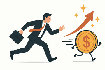 Business Success Vector Illustration with Ambitious Businessman Chasing Dollar Coin and Growth Chart, Financial Achievement Concept for Investment, Profit, and Wealth Building Strategy