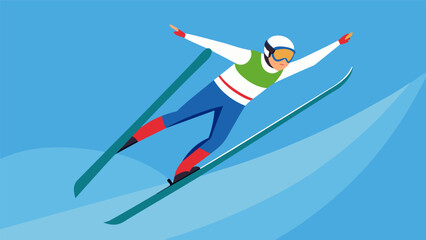 Fototapeta premium Against a clear blue sky a ski jumper spreads their arms wide their body suspended in a moment of weightlessness.. Vector illustration