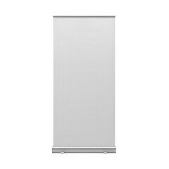 Blank white roll-up pop-up pull-up stand banner, poster mockup template isolated on white or transparent backdrop, advert, promo, marketing, trade show, expo, presentation, workshop event