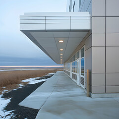 Modern building exterior, winter sunrise, flat landscape, entrance walkway. Stock photo for architecture and real estate