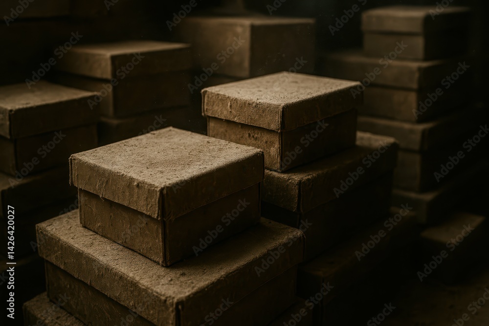 Poster dusty stacked boxes in dim light with floating dust particles