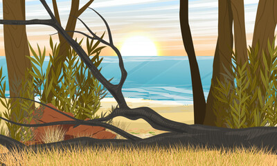 Tropical coastline with exotic plants. Australia and New Zealand. Realistic vector landscape