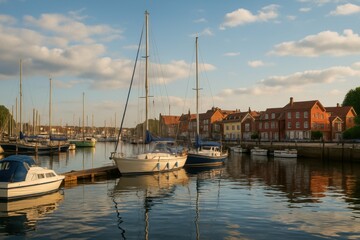 Obraz premium Serene Harbor Scene with Boats and Calm Water at Sunset