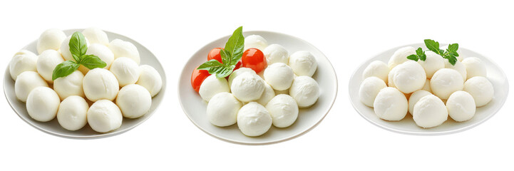 A set of plates with mozzarella cheese balls, isolated on transparent Background