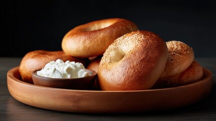 Wooden bowl filled with freshly baked bagels. the bagels are golden brown and have sesame seeds sprinkled on top. in the center of the bowl, there is a small bowl of whipped cream.