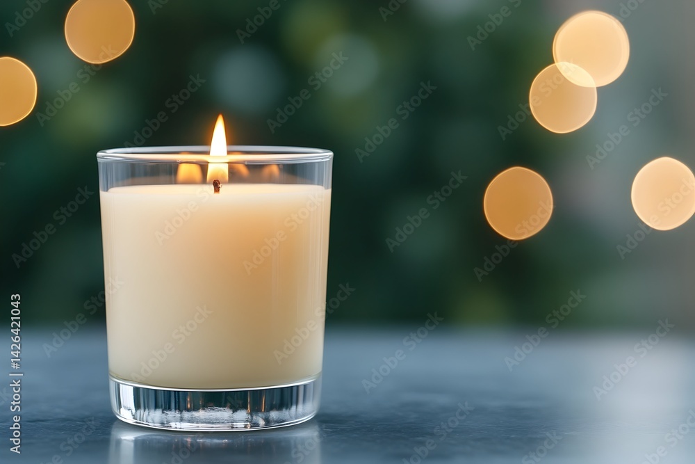 Poster lit candle in glass jar on table with bokeh background