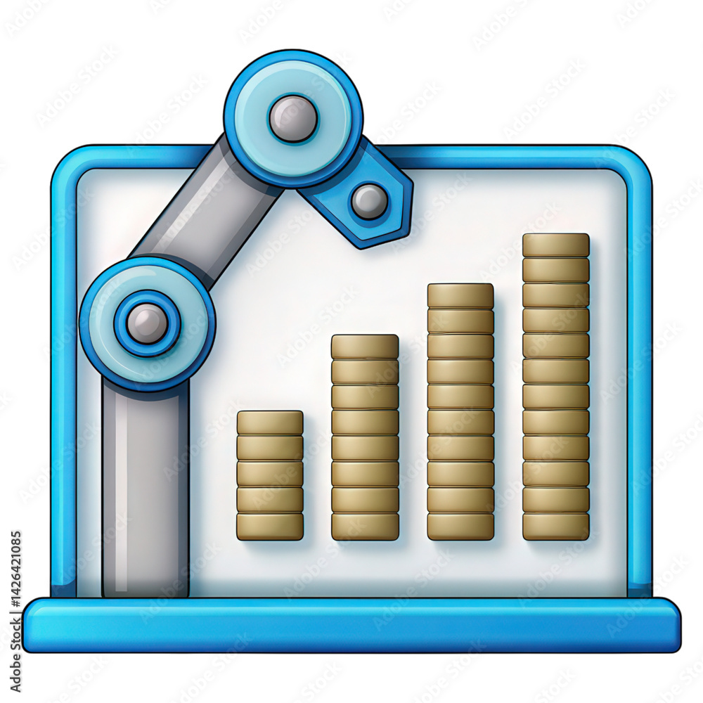 Poster a robotic arm is placing coins on a chart, showcasing automation in finance and technology.