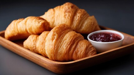 Wooden tray with three freshly baked croissants on it. the tray is rectangular in shape and has a light brown color. on the right side of the tray, there is a small white bowl filled with a red jam.