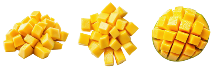 A set of ripe mangoes cut into cubes, isolated on transparent Background