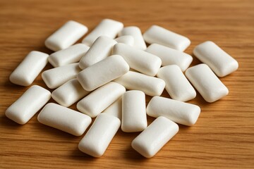 Fresh White Chewing Gum Pieces on Wood Background for Simple Use