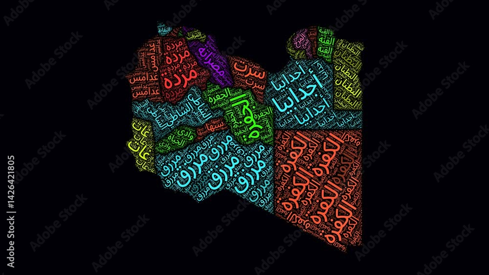 Poster libya intro video. regions word clouds animation. libya regions names in arabic language fading in o