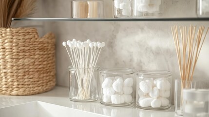 Fototapeta premium Wall-mounted bathroom shelf with glass containers of cotton swabs and pads