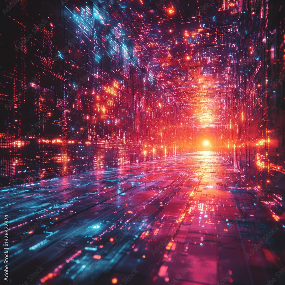 Poster navigating a digital corridor abstract data flow with vibrant lighting