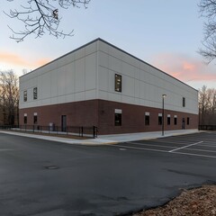 Fototapeta premium New modern building exterior dusk parking lot trees