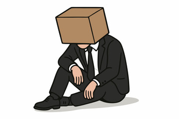 Boxed-In Businessman: Conceptual Vector Illustration of Corporate Anonymity, Shame, and Identity Crisis in Modern Workplace - Symbolic Depiction of Professional Burnout and Alienation