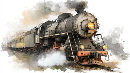 Vintage steam locomotive train chugging along railway tracks, emitting smoke and steam against a muted background. 