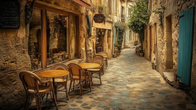 Fototapeta Narrow cobblestone street in a charming European village with yellow and beige stone buildings