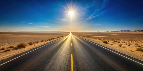 Fototapeta premium Endless Highway Through a Sun-Drenched Desert Landscape Under a Vivid Blue Sky
