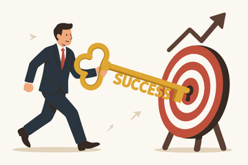 Business Success Concept Vector: Confident Businessman Holding Golden Key to Unlock Achievement, Walking Towards Red Target Bullseye with Upward Growth Chart, Metaphor for Strategic Goals