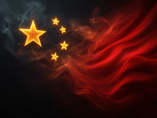 Chinese flag with stars on red background, smoke effect, symbolizing national pride and heritage.