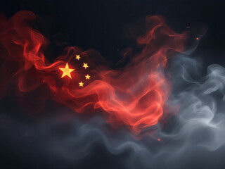 Chinese flag with stars on red background, smoke effect, symbolizing national pride and heritage.