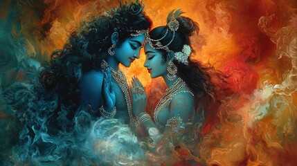 A divine moment of Krishna and Radha in an ethereal setting, symbolizing eternal love and devotion in Hindu culture © Sirinya