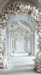 An enchanting white flower tunnel creates a breathtaking entranceway, beautifully decorated.