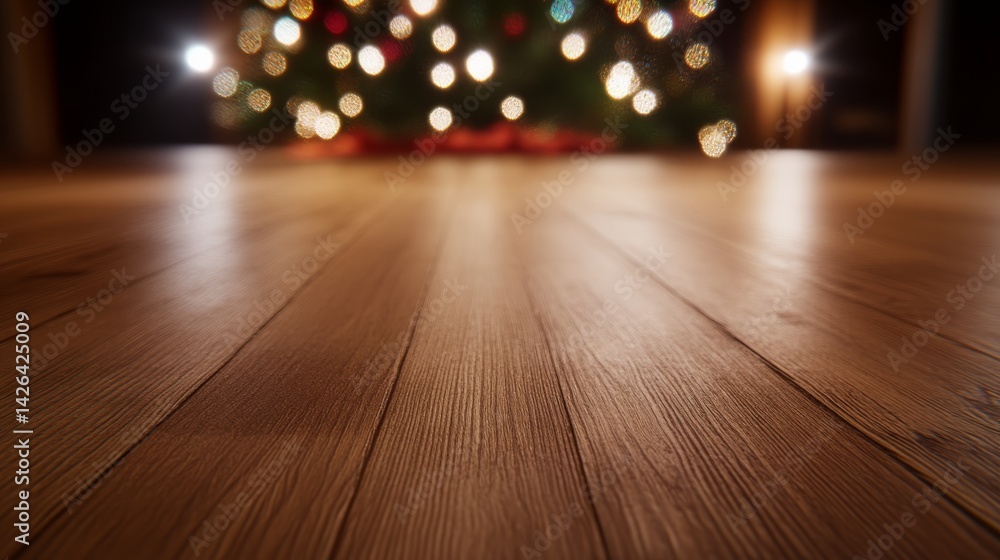 Poster Close-up of a wooden tabletop showcases a blurred Christmas tree in the background, creating a perfect opportunity for adding text or displaying seasonal products