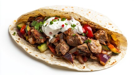Delicious taco filled with seasoned beef, sauteed vegetables, and creamy sauce in a soft tortilla.