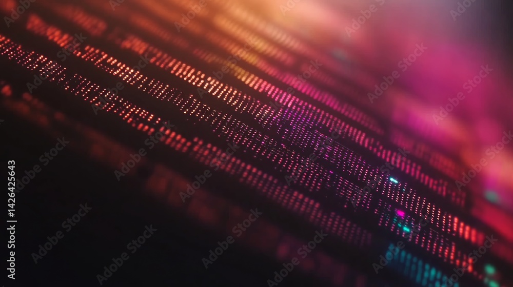 Fototapete Close-up view of a vibrant digital screen displaying binary code and scattered encryption icons, set against a dark background, creating dynamic light patterns