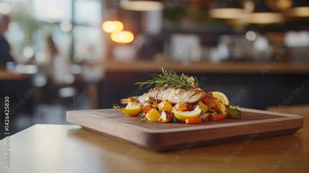 Poster brightly lit platter displays a roasted fish adorned with colorful vegetables and lemon slices, crea