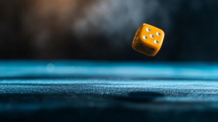 A vibrant yellow die is captured mid-air, showcasing its potential for chance and fun. The blurred background enhances the playful atmosphere of gaming