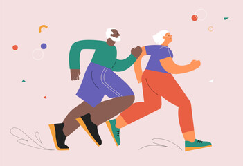 Happy elderly couple, people running. Colorful illustration of senior man and woman jogging